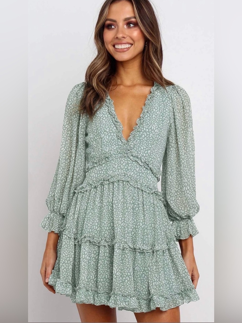 Floral Ruffle Tiered Maxi Dress in Sage Green